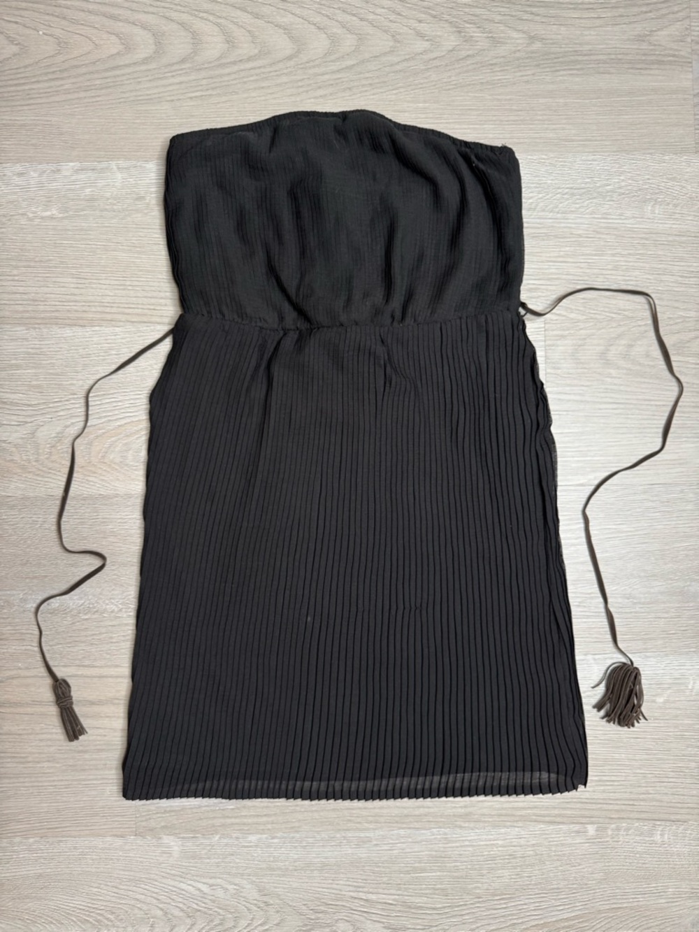 Zara TRF Strapless Black Mini Dress Pleated Skirt Tie Waist Medium